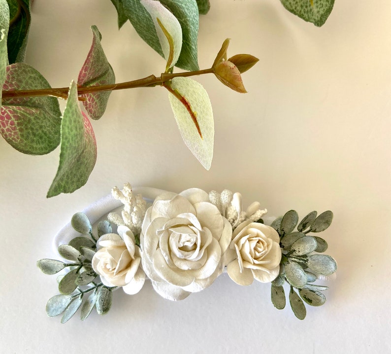 Baby girl white ivory rose headband eucalyptus leaf baby Etsy