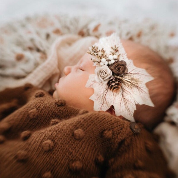 baby girl maple leaf headband, fall pinecone headband, flower girl thanksgiving headband, newborn rose headband photo prop