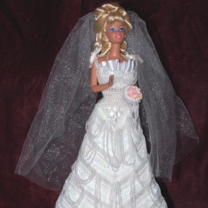 Fashion Doll Bride Dress, Wedding Gown, Tulle Bridal Veil, Handstitched, Crocheted, Beaded, Sequined