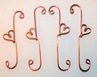 Set of 4 Handcrafted Artisan Copper Heart Christmas Ornament Hooks, Ornament Hangers