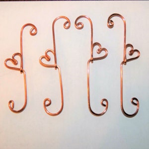 Set of 4 Handcrafted Artisan Copper Heart Christmas Ornament Hooks, Ornament Hangers