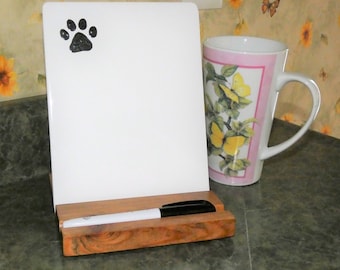 Paw Print Ceramic Whiteboard, Kitchen Memo Center, Dry Erase Message Board, Wood Stand