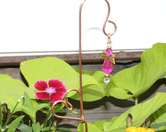 Copper Heart Plant Stake: Pink Crystal Angel Garden Decor