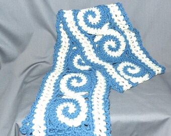 Handmade Crochet Swirl Pattern Scarf Blue and White