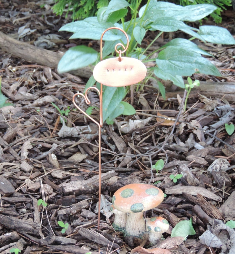 Puede incluir: Un marcador de plantas de cobre con la palabra "basil" grabada en &eacute;l, unido a una estaca de alambre de cobre. La estaca est&aacute; en el suelo junto a una peque&ntilde;a figura de hongo marr&oacute;n y verde.