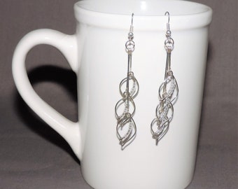 Silver and Clear Beaded Leaf Wire Dangle Earrings