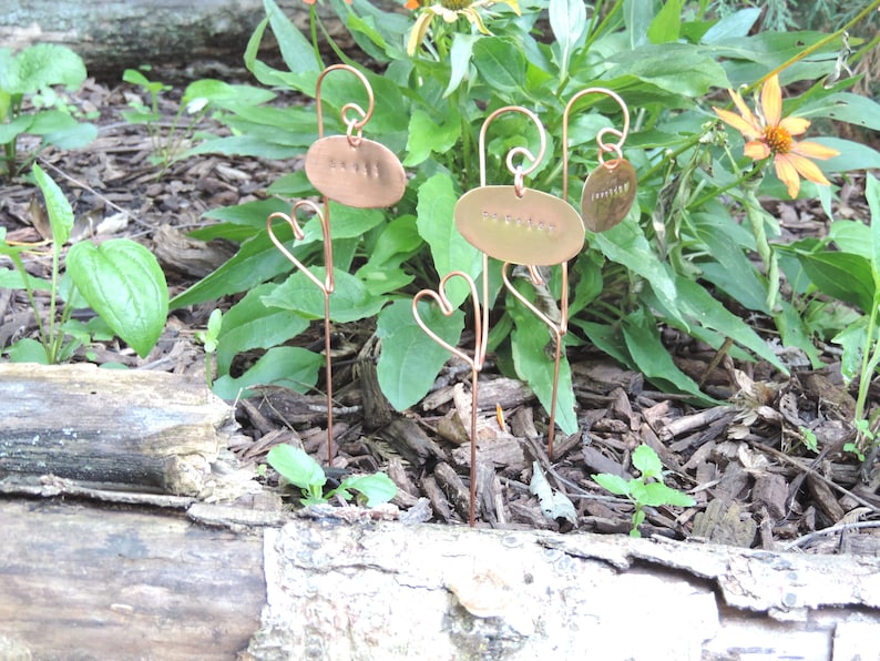 Puede incluir: Tres marcadores de plantas de cobre con acentos de alambre en forma de coraz&oacute;n. Los marcadores est&aacute;n grabados con las palabras "Albahaca", "Romero" y "Tomillo".