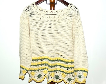 New Handmade Crochet Mesh Sweater Size L/XL Ecru Yellow Green Cotton