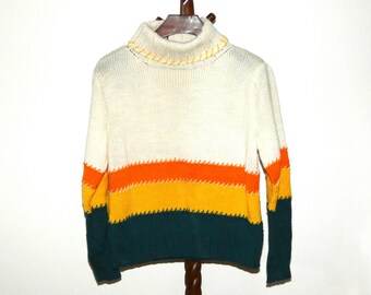 New Handmade Knit Turtleneck Sweater, Women's size L/XL, Ecru Yellow Orange Teal