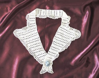 Hand Crafted Crochet Lace Collar with Blue Cameo Butterfly Pin
