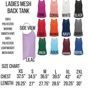 May include: A display of mesh back tank tops in various colors, including pink, coral, white, and black. The image also shows a side view of a lilac tank top and a size chart with chest and length measurements in inches.