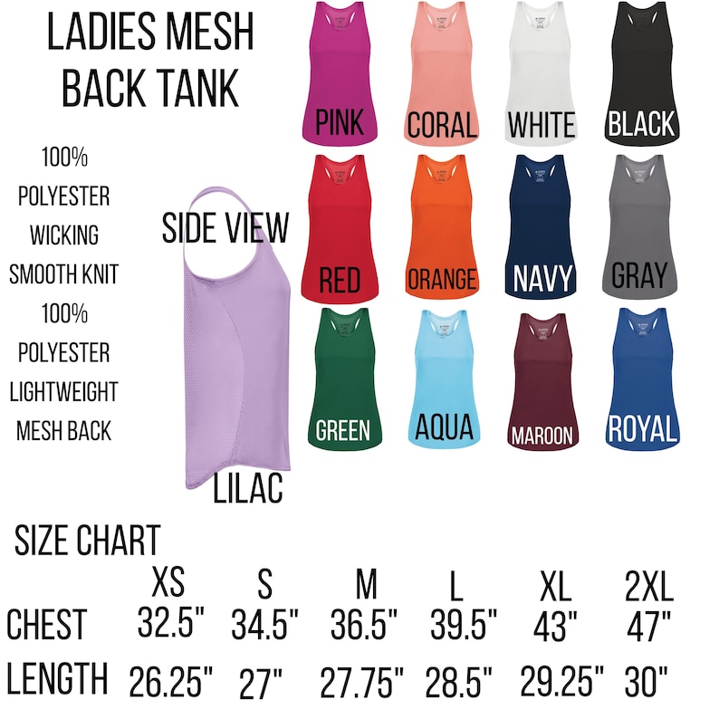 May include: A display of mesh back tank tops in various colors, including pink, coral, white, and black. The image also shows a side view of a lilac tank top and a size chart with chest and length measurements in inches.