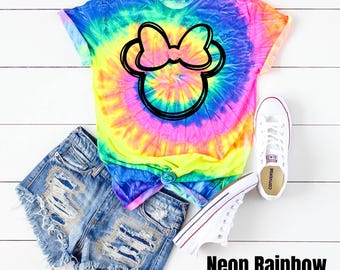 May include: A tie-dye t-shirt with a black outline of a Mickey Mouse head with a bow. The shirt is a neon rainbow color. The text "Neon Rainbow" is at the bottom of the image.