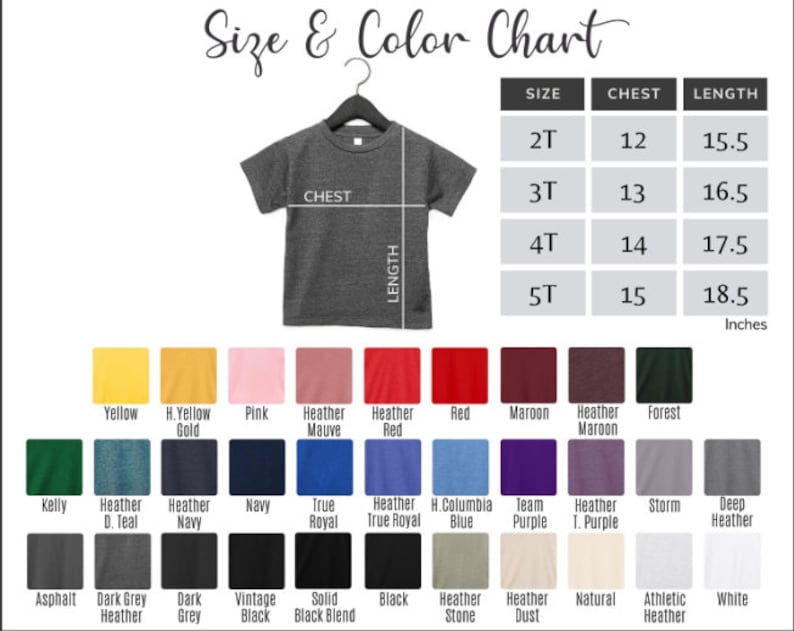 Pu&ograve; includere: Tabella delle taglie e dei colori per t-shirt con misure in pollici per il petto e la lunghezza. La tabella mostra le taglie 2T, 3T, 4T e 5T. La tabella dei colori mostra una variet&agrave; di colori, tra cui giallo, rosa, rosso, marrone, blu navy, blu, viola, grigio, nero e bianco.