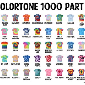 Puede incluir: Un gr&aacute;fico con 40 dise&ntilde;os diferentes de camisetas tie-dye, cada uno con un nombre y un patr&oacute;n de color &uacute;nico. Los dise&ntilde;os incluyen "Gum Drop", "Gummy Bear", "Harmony", "Hypnotize", "Independence", "Jellybean", "Karma", "Lagoon", "Lava Lamp", "Lollipop", "Mardi Gras", "Mint Fusion", "Minty Rainbow", "Moonbeam", "Moondance", "Multi Blue", "Multi Rainbow", "Mystique", "Neon Blueberry", "Neon Bubblegum", "Neon Rainbow", "Pride", "Prism", "Quest", "Rasta Web", "Reactive Rainbow", "Saturn", "Serenity", "Sherbet", "Slushy", "Snow Cone", "St. Lucia", "Sunflower", "Swirl Blue", "Swirl Purple", "Swirl Red", "Unicorn", "Union Jack", "Voodoo", "Wild Spider", "Woodstock", "Yellowstone", "Yosemite", "Zen Rainbow", "Zero G", "Pink Ribbon", "Pink Heart", "Multicolor Heart" y "Multicolor Mushroom".