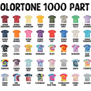 Puede incluir: Una tabla de 45 colores diferentes de camisetas tie-dye, etiquetadas con el nombre del color y "Spider" delante de cada nombre. La tabla se titula "ColorTone 1000 Parte 1".