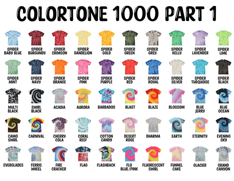 Puede incluir: Una tabla de 45 colores diferentes de camisetas tie-dye, etiquetadas con el nombre del color y "Spider" delante de cada nombre. La tabla se titula "ColorTone 1000 Parte 1".