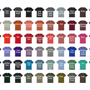 May include: A chart of 60 different t-shirt colors, including solid colors and heather blends. The colors are arranged in rows and columns, with the names of each color listed below each t-shirt.
