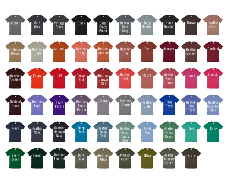 May include: A chart of 60 different t-shirt colors, including solid colors and heather blends. The colors are arranged in rows and columns, with the names of each color listed below each t-shirt.