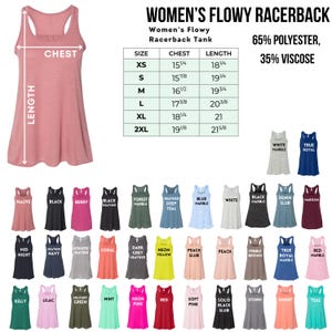 May include: A selection of Women's Flowy Racerback Tanks in various colors, including mauve, black, and berry. The image displays a size chart with chest and length measurements in inches, and the fabric composition is 65% polyester and 35% viscose.