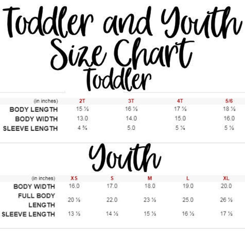 Puede incluir: Tabla de tallas para ropa de ni&ntilde;os peque&ntilde;os y j&oacute;venes, que muestra las medidas en pulgadas para la longitud del cuerpo, el ancho del cuerpo y la longitud de la manga. Las tallas incluyen 2T, 3T, 4T, 5/6, XS, S, M, L y XL.