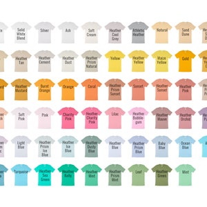 May include: A chart of 60 different t-shirt colors, including white, black, grey, blue, green, red, orange, yellow, pink, purple, and brown. The colors are displayed on a white background.