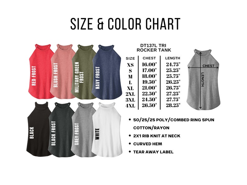 Op de afbeelding: Maattabel en kleurenkaart voor een dames tanktop. De tabel toont de borst- en lengtemaat in inches voor maten XS tot 4XL. De tanktop is verkrijgbaar in 10 kleuren: rood frost, blush frost, militaire groene frost, marineblauwe frost, zwart, zwart frost, grijs frost, wit en twee tinten grijs. De tanktop is gemaakt van 50/25/25 poly/gekamd ringgesponnen katoen/rayon, heeft een 2x1 ribbreisel aan de hals, een gebogen zoom en een afscheurbare label.