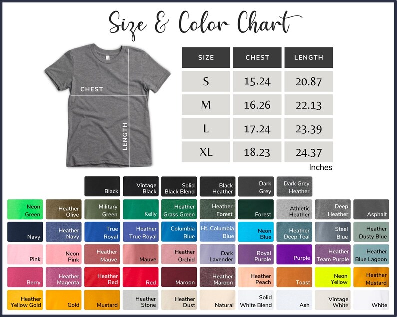 Pu&ograve; includere: Tabella delle taglie e dei colori per t-shirt con misure in pollici. La tabella mostra le misure del petto e della lunghezza per le taglie S, M, L e XL. Una tabella dei colori in basso mostra una variet&agrave; di colori per le t-shirt, tra cui verde neon, blu navy, rosa, bacca, oro giallo, e altro ancora.