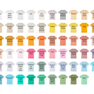 May include: A chart of 60 different t-shirt colors, including white, black, grey, blue, green, red, orange, yellow, pink, purple, and brown. The colors are displayed on a white background.