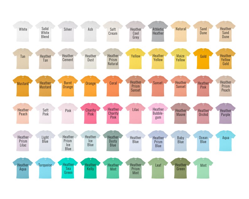 May include: A chart of 60 different t-shirt colors, including white, black, grey, blue, green, red, orange, yellow, pink, purple, and brown. The colors are displayed on a white background.