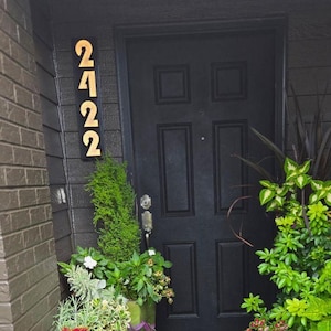 May include: A black front door with gold house numbers reading "2422" is surrounded by lush greenery in various shades of green, red, and purple. The door is set in a dark gray exterior with a brick facade on the left.