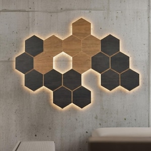 Set of 3 - 8" Modular Wooden Hexagon LED Wall Art – Dimmable Backlit Wall Lights with Controller & Power Supply – Handmade Modern Décor