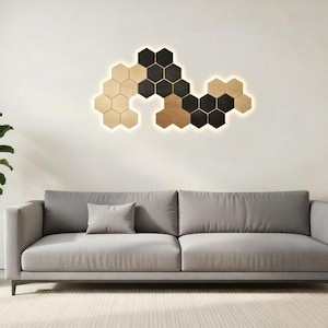 Set of 3 - 6" Modular Wooden Hexagon LED Wall Art – Dimmable Backlit Wall Lights with Controller & Power Supply – Handmade Modern Décor