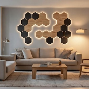 Set of 3 - 8" Modular Wooden Hexagon LED Wall Art – Dimmable Backlit Wall Lights with Controller & Power Supply – Handmade Modern Décor