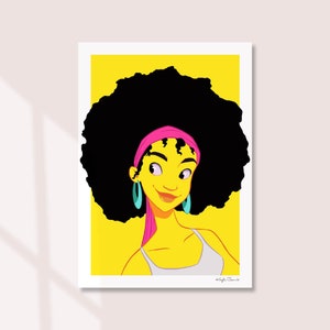 以下が含まれることがあります： 大きなアフロヘアスタイルの女性を描いたデジタルイラスト。ピンクのヘッドバンドとターコイズのイヤリングをしています。背景は黄色です。