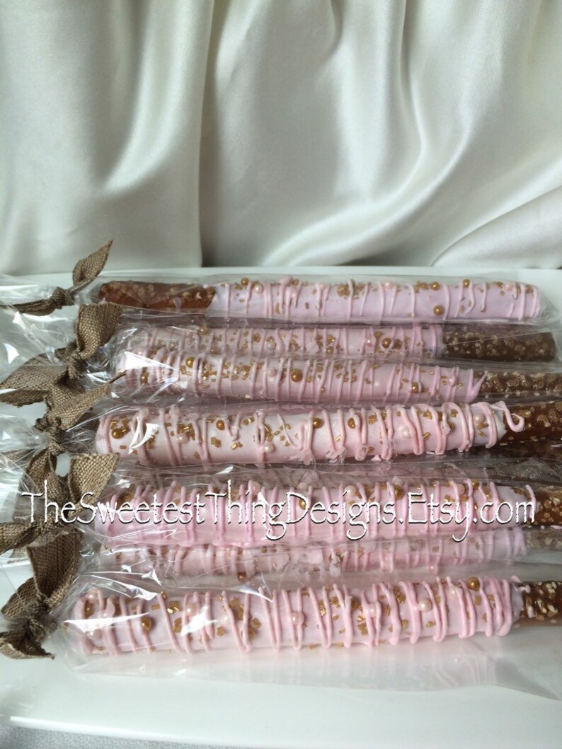 24 Pink and Gold Chocolate Covered Pretzel Rods / Favor Pops Etsy