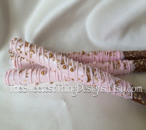 24 Pink and Gold Chocolate Covered Pretzel Rods / Favor Pops Etsy