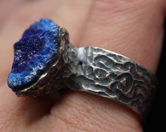 Textured Silver ring with crystal  azurite- OOAK-Statement cocktail ring