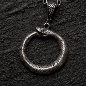 silver Ouroboros snake pendant, Gothic alchemy occult necklace by Ellen Rococo