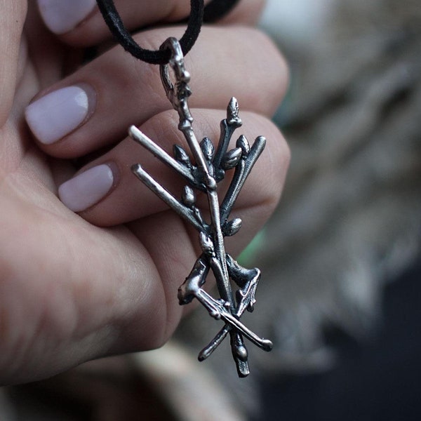 Viking runic script necklace, silver twig nature jewelry, pagan ethnic talisman, woodland witch, financial success symbol, celtic protection