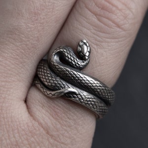 Statement silver snake skin ring. Serpent gothic alchemy occult band handmade by Ellen Rococo. Hedge witch ouroboros rings