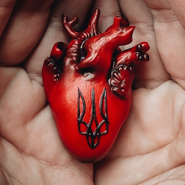 Anatomische Herzkette mit ukrainischem Wappen. Handgemachte realistische Polymer Clay Anhänger Schmuck. EllenRokoko Ukrainischer Künstler Shop
