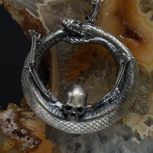 Silver Ouroboros snake pendant with skull and bones, Gothic alchemy occult necklace by Ellen Rococo, Nordic Viking jewelry for men or women