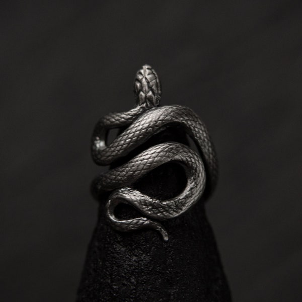 Adjustable silver snake wrap ring for women or men, Serpent gothic alchemy rings, Ouroboros occult band, Hand made by Ellen Rococo