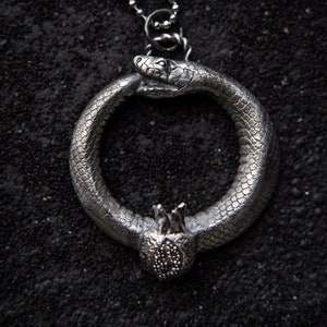 silver Ouroboros pendant with pomegranate , Gothic alchemy occult necklace by Ellen Rococo, occult fashion jewelry