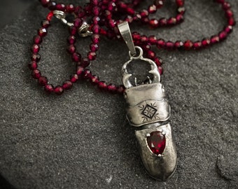 Silver Stag beetle pendant with gemstone and garnet beaded necklace. Engraved Ukrainian ornament