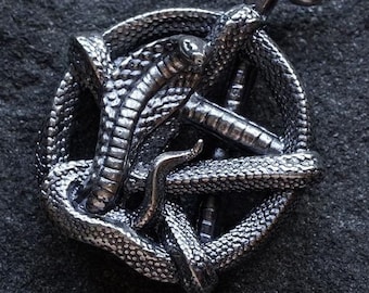 Silver pentagram pendant in circle with cobra. Gothic snake magic occult charm for men or women gift. Witches enchanted jewelry. Wicca tarot