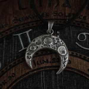 Silver lunula pendant with real moon texture, Pagan slavic goddess necklace, Forest celtic druid wiccan jewelry. Christmas jewelry gift