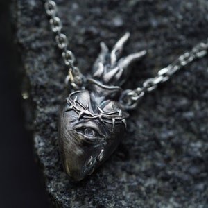 Sterling silver Sacred Heart with thorns necklace Human anatomical heart charm pendant handmade by Ellen Rococo Gothic vampire necklace image 1