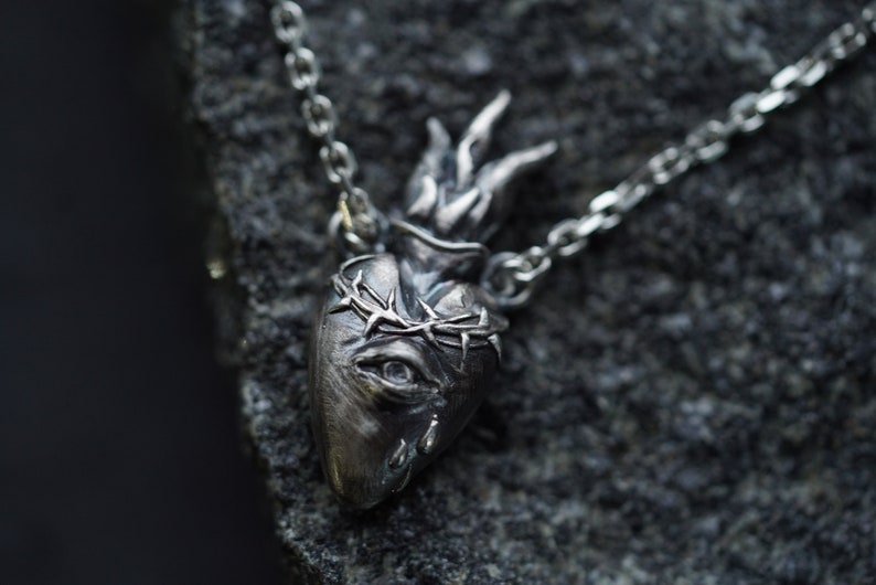 Sterling silver Sacred Heart with thorns necklace Human anatomical heart charm pendant handmade by Ellen Rococo Gothic vampire necklace image 1